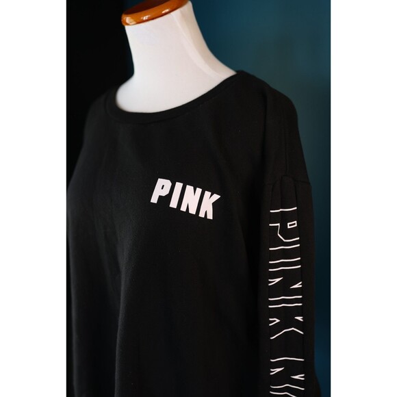 Victoria's Secret PINK Nation Black Crew Sweatshirt w/White Logo Raw Hem Large - Picture 2 of 10